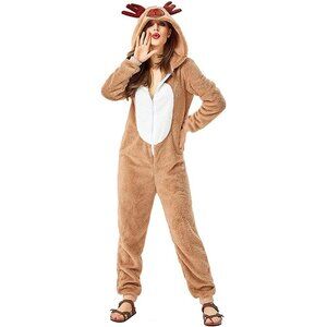 Reindeer Women Pajamas Fleece Christmas Costumes Onesie Party Jumpsuit Suit XL